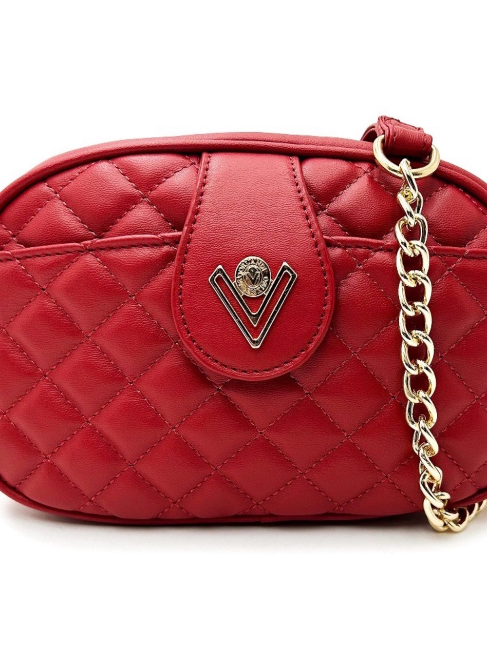 Valentino Orlandi Red Quilted V Logo Camera Crossbody Chain Bag
